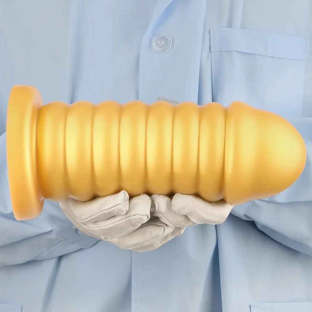 Gold Ribbed Suction Base Anal Dildo - Silicone Anal Sex Toy