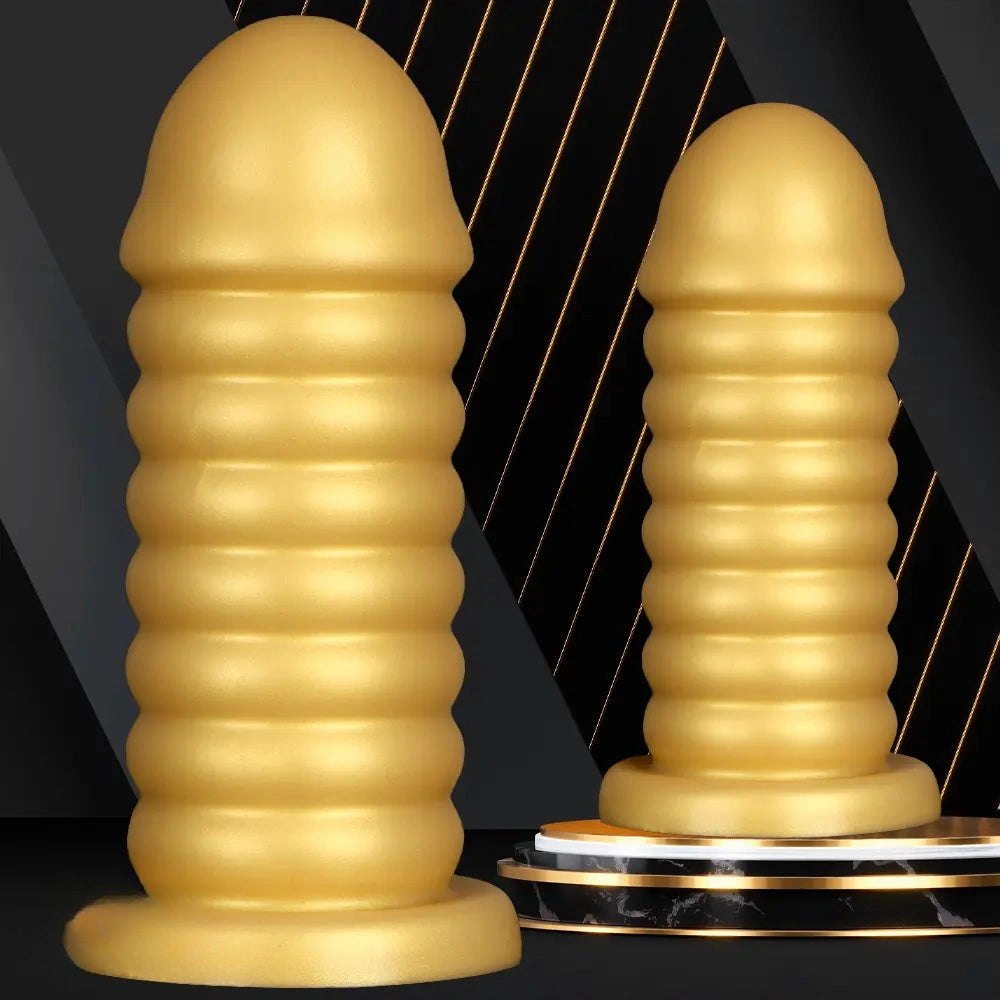 Gold Ribbed Suction Base Anal Dildo - Silicone Anal Sex Toy