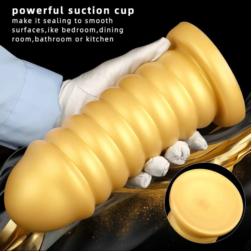 Gold Ribbed Suction Base Anal Dildo - Silicone Anal Sex Toy