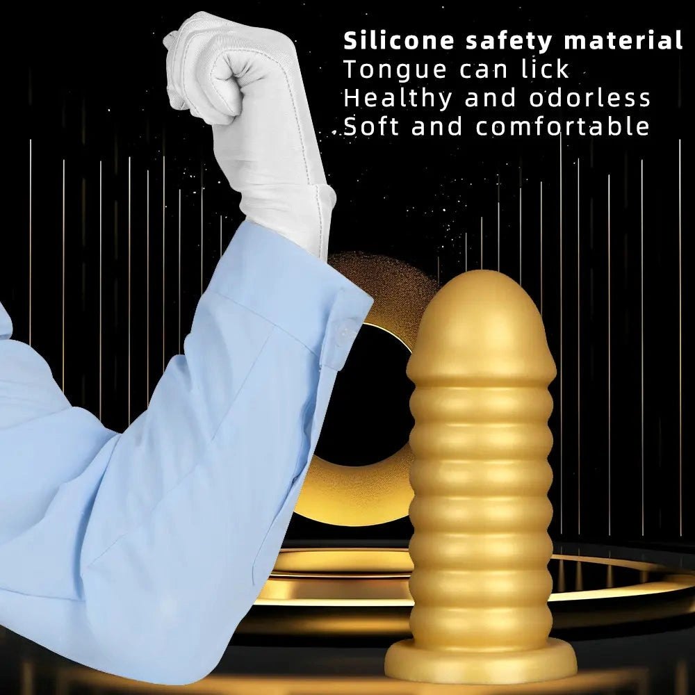 Gold Ribbed Suction Base Anal Dildo - Silicone Anal Sex Toy