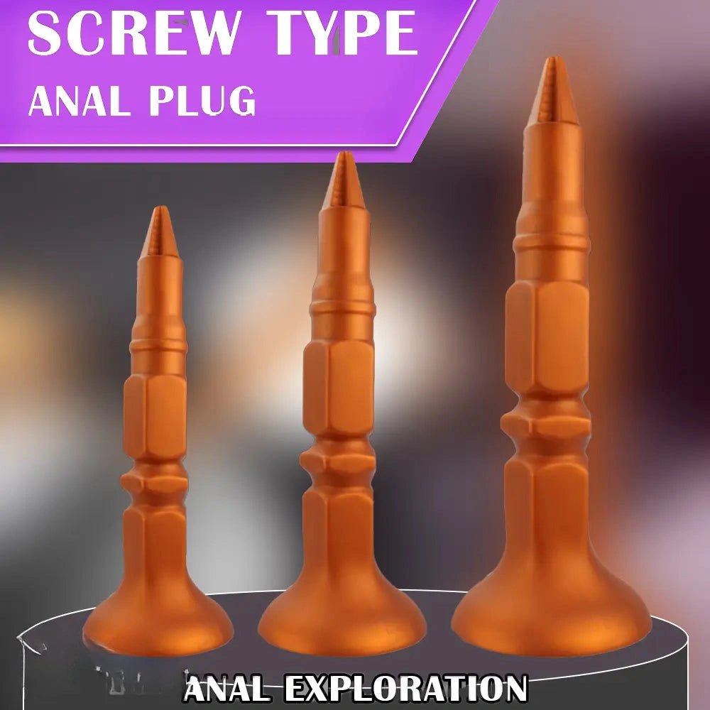 Gold Screw-Ridge Anal Plug - Silicone Suction Cup Butt Plug