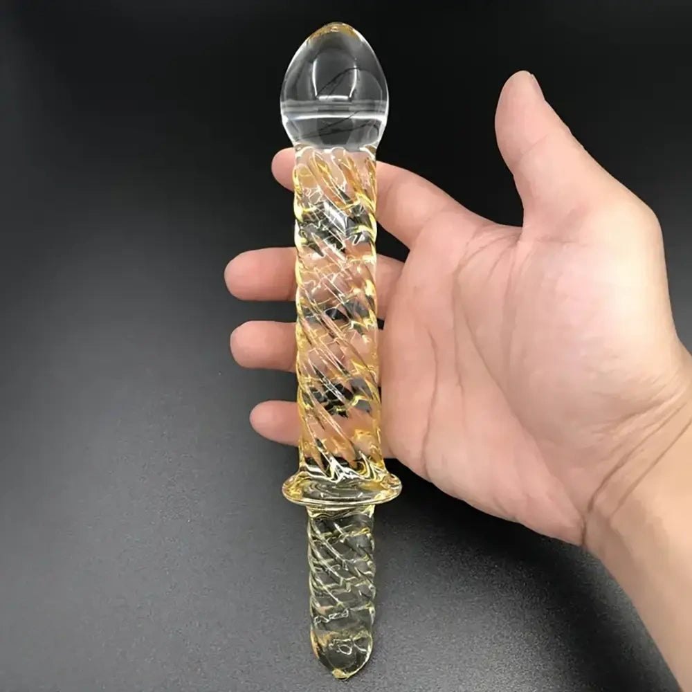 Golden Pattern Glass Dildo - Handle Couples Toy