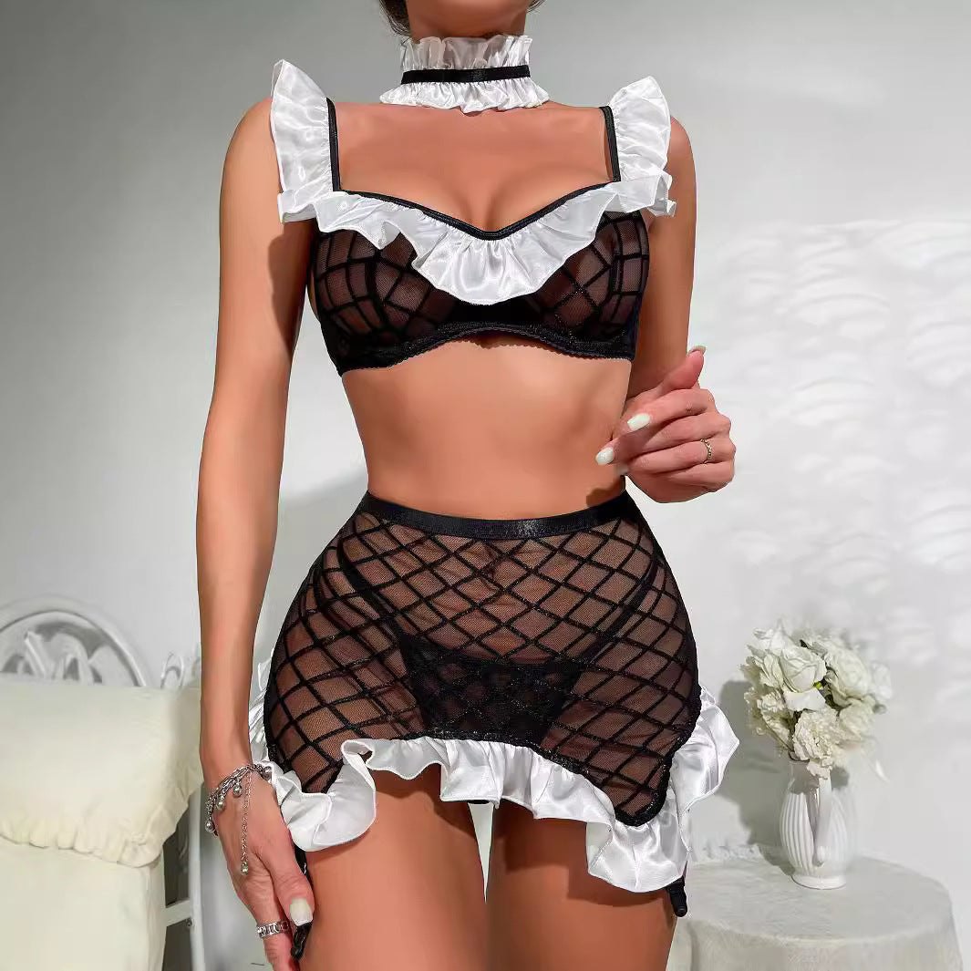 Grid Mesh Maid Roleplay Set - Sexy Maid Lingerie Costume