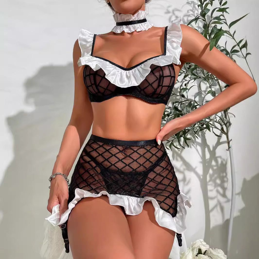 Grid Mesh Maid Roleplay Set - Sexy Maid Lingerie Costume