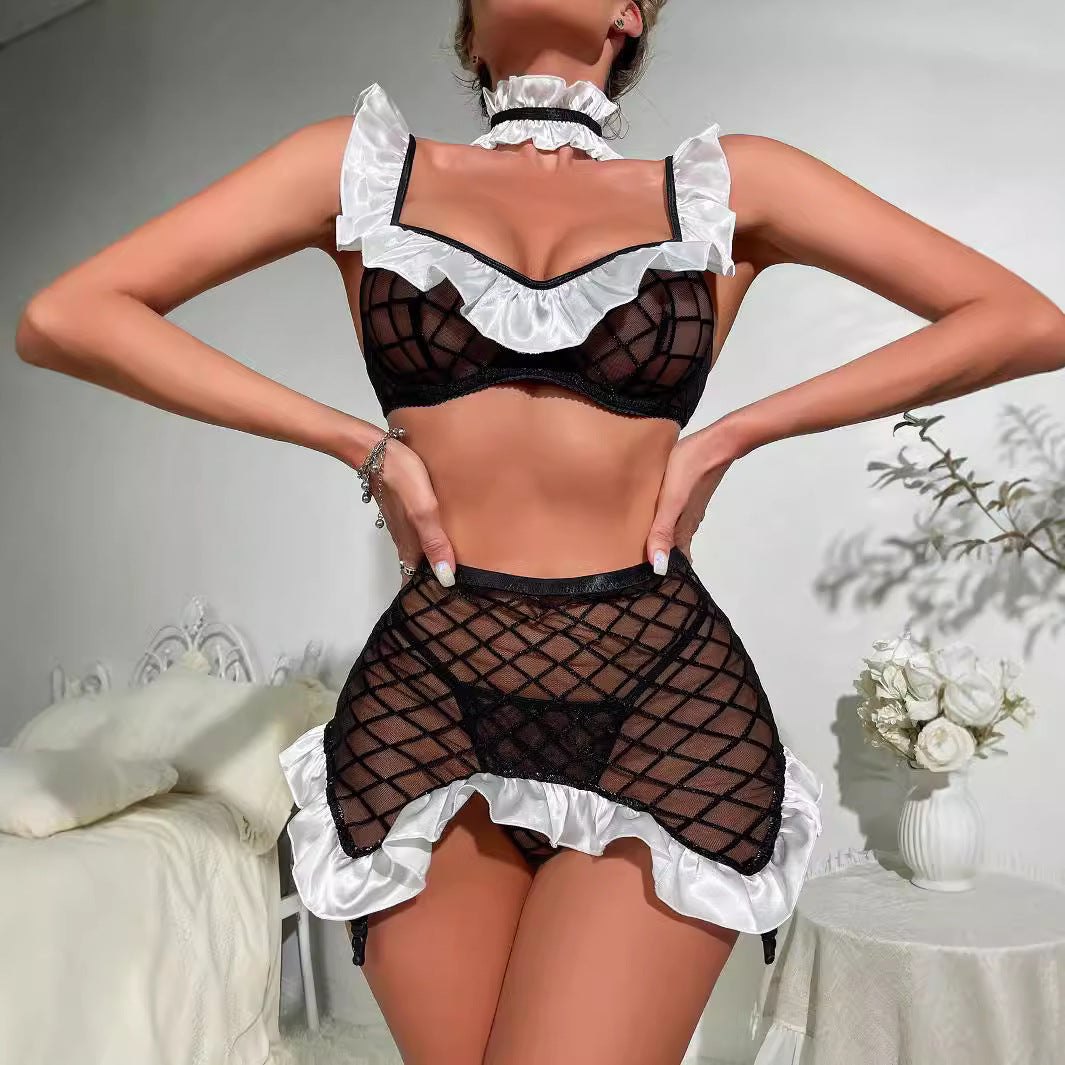 Grid Mesh Maid Roleplay Set - Sexy Maid Lingerie Costume