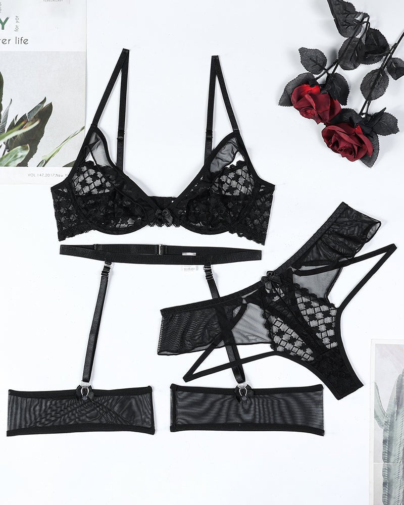 Half Cup Mesh Garter Set - Garter Lingerie Set