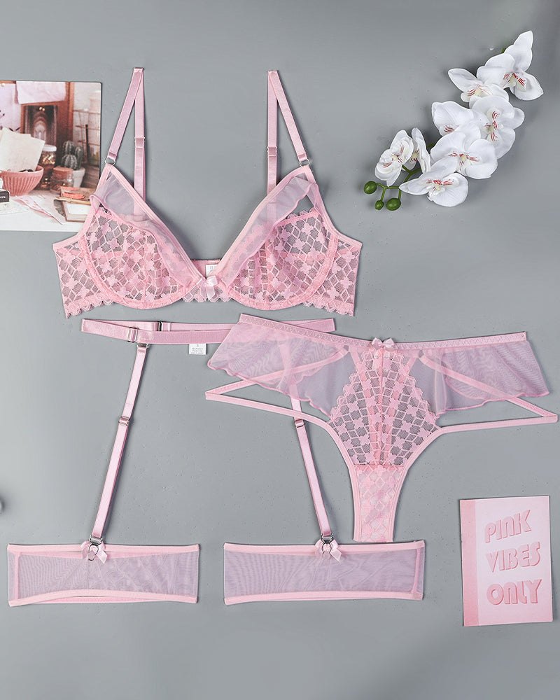 Half Cup Mesh Garter Set - Garter Lingerie Set