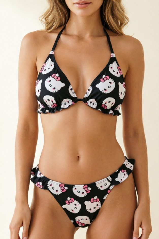 Halter Tie Triangle Print Bikini - Sexy Lingerie Dress