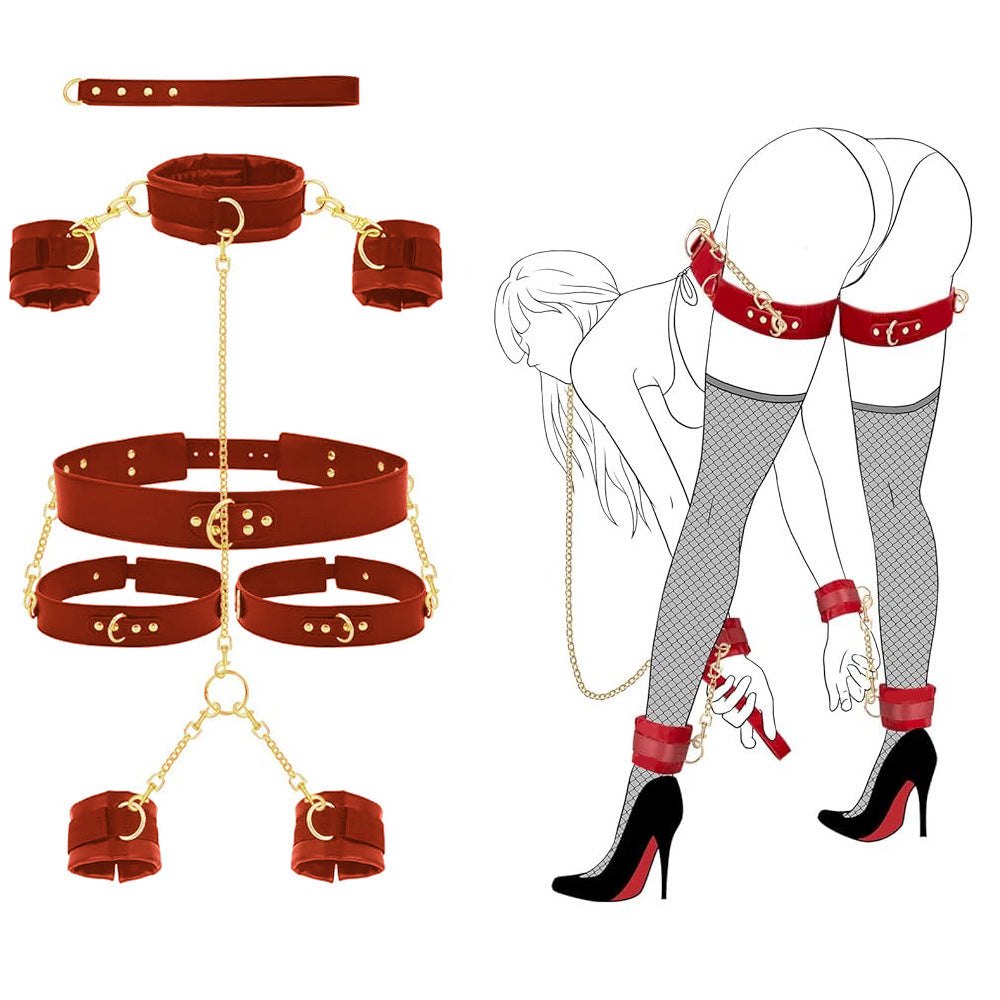 Handcuffs and Legcuffs Chain Kit - leather bondage restraint kit