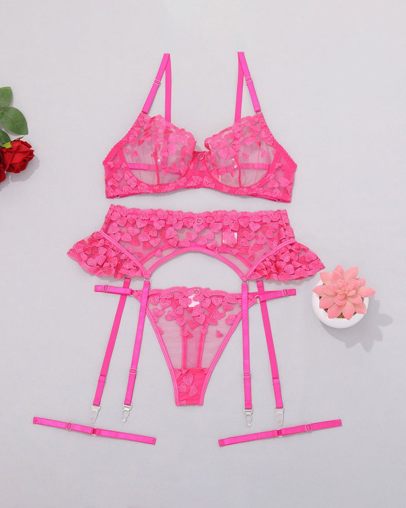 Heart Applique Sheer Garter Set - Garter Lingerie Set