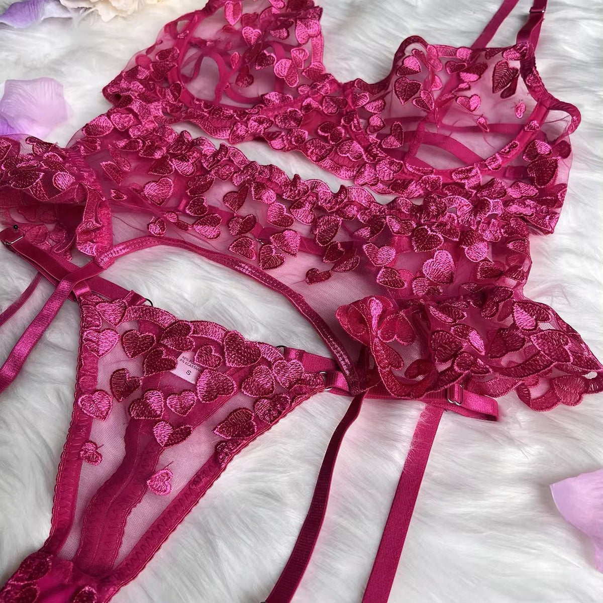 Heart Embroidered Lace Garter Set - Garter Lingerie Set