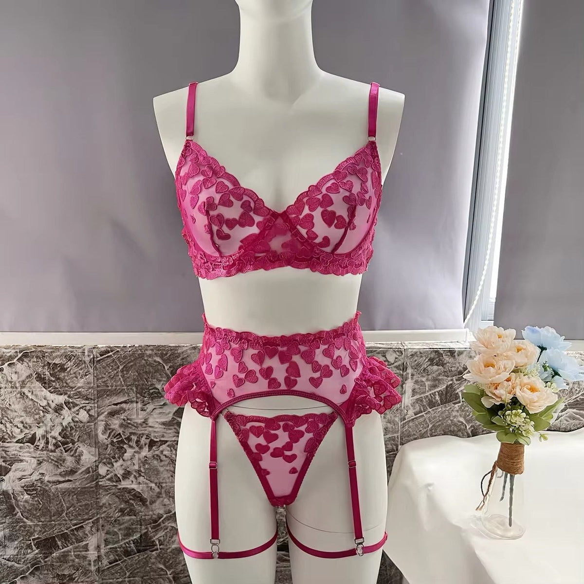 Heart Embroidered Lace Garter Set - Garter Lingerie Set