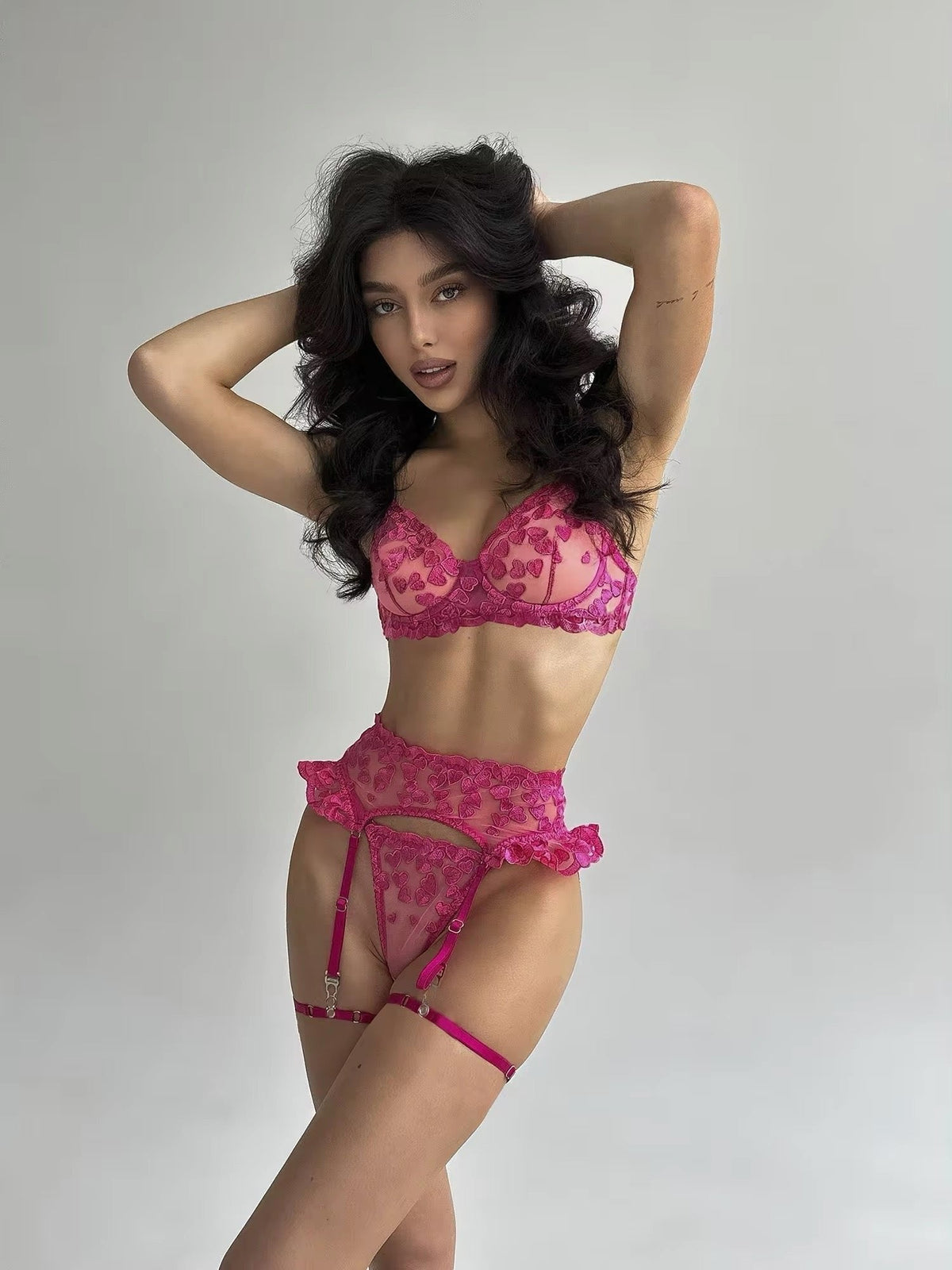 Heart Embroidered Lace Garter Set - Garter Lingerie Set