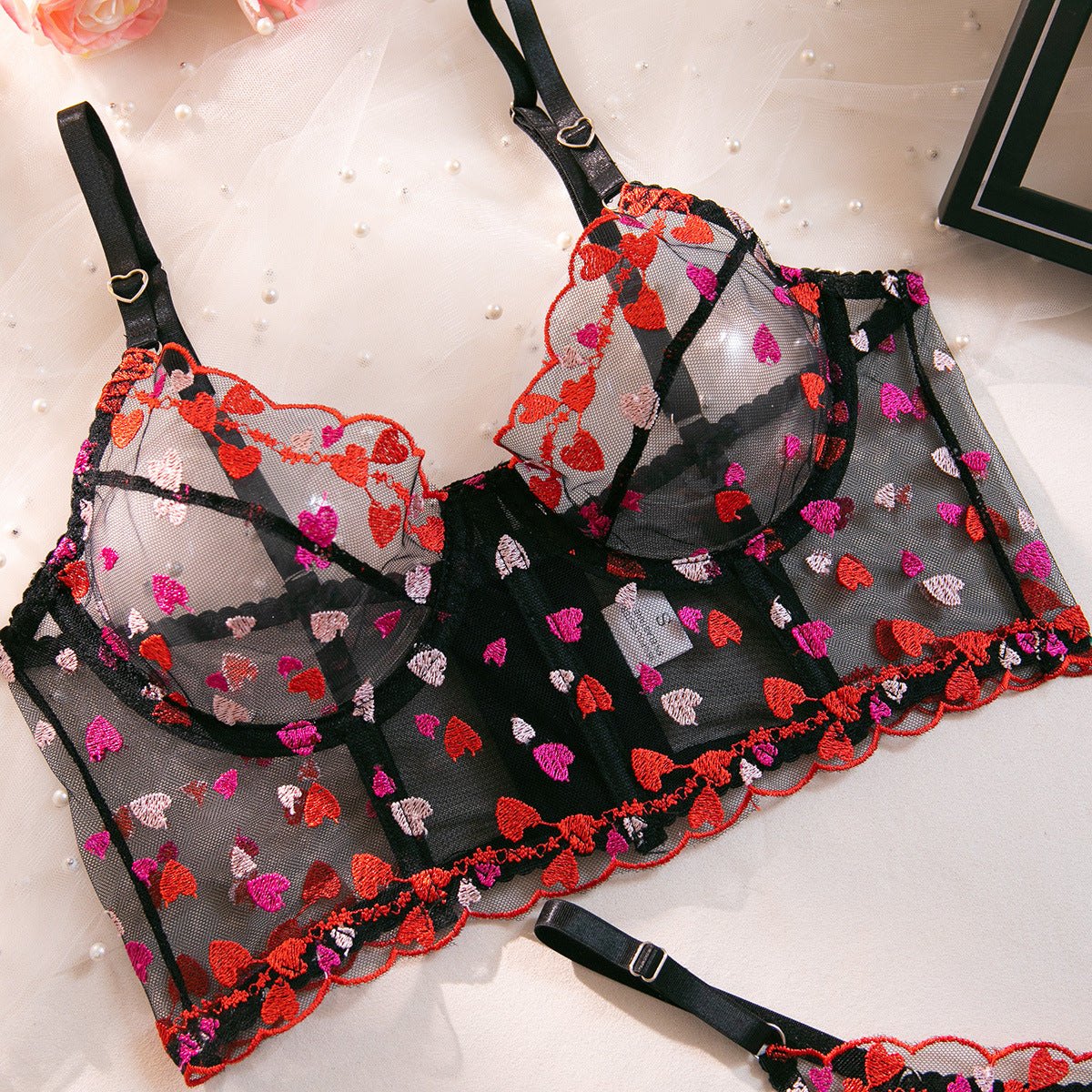 Heart Embroidery Lace Bra Set - Lingerie Set for Women