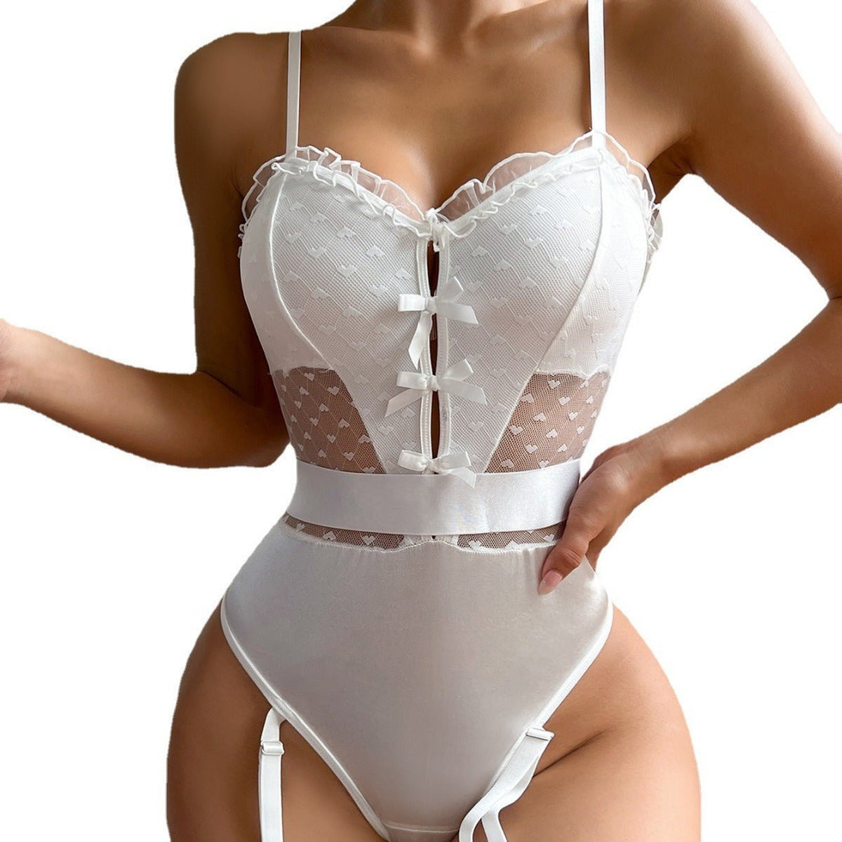 Heart Mesh Lace Bodysuit Velvet - Lingerie Bodysuit for Women