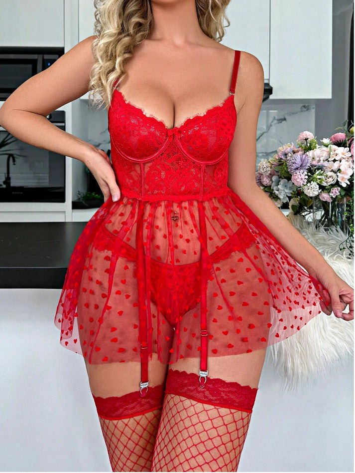 Heart Print Teddy Dress Garter - One Piece Lingerie