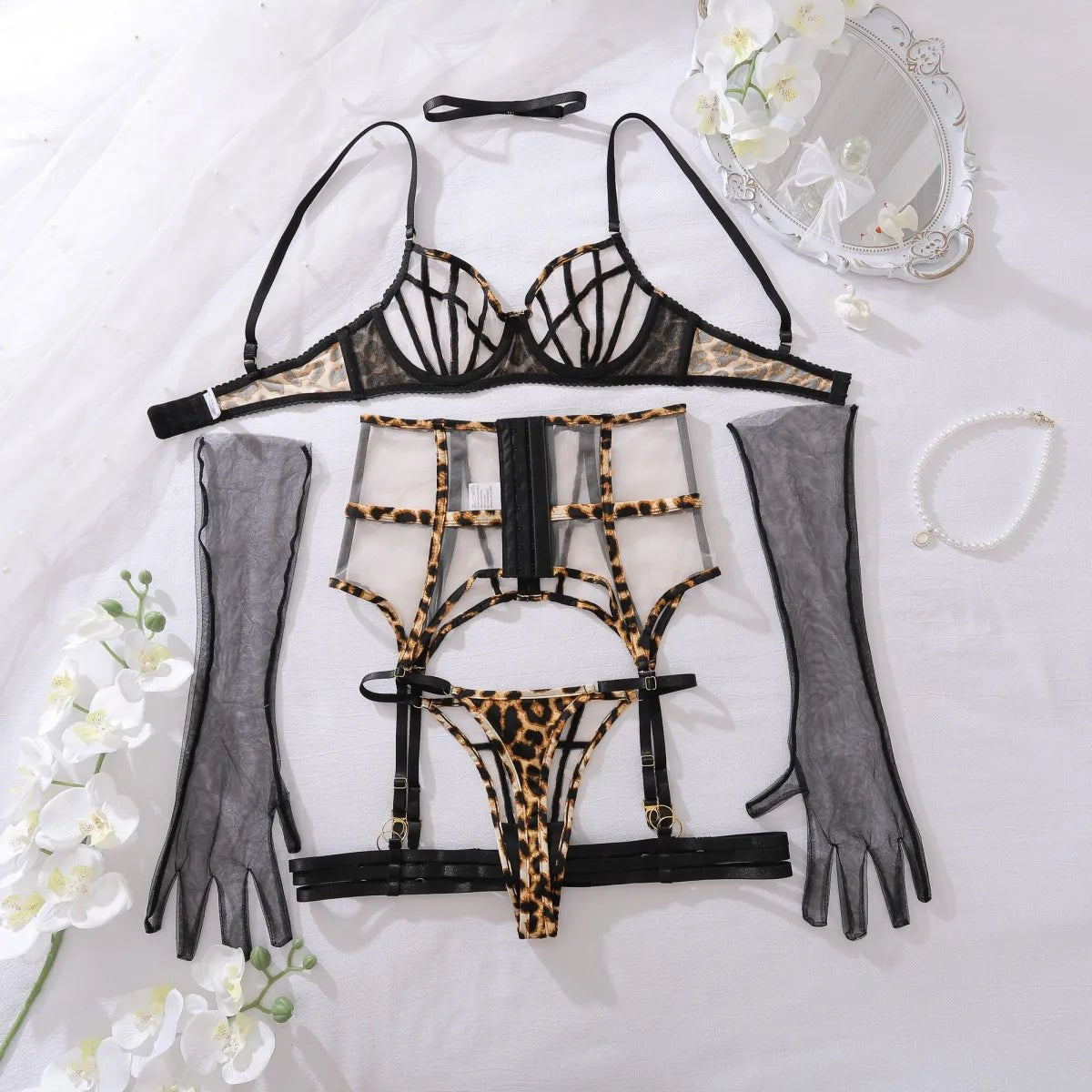 High-Waist Garter Mesh Set - Garter Lingerie Set