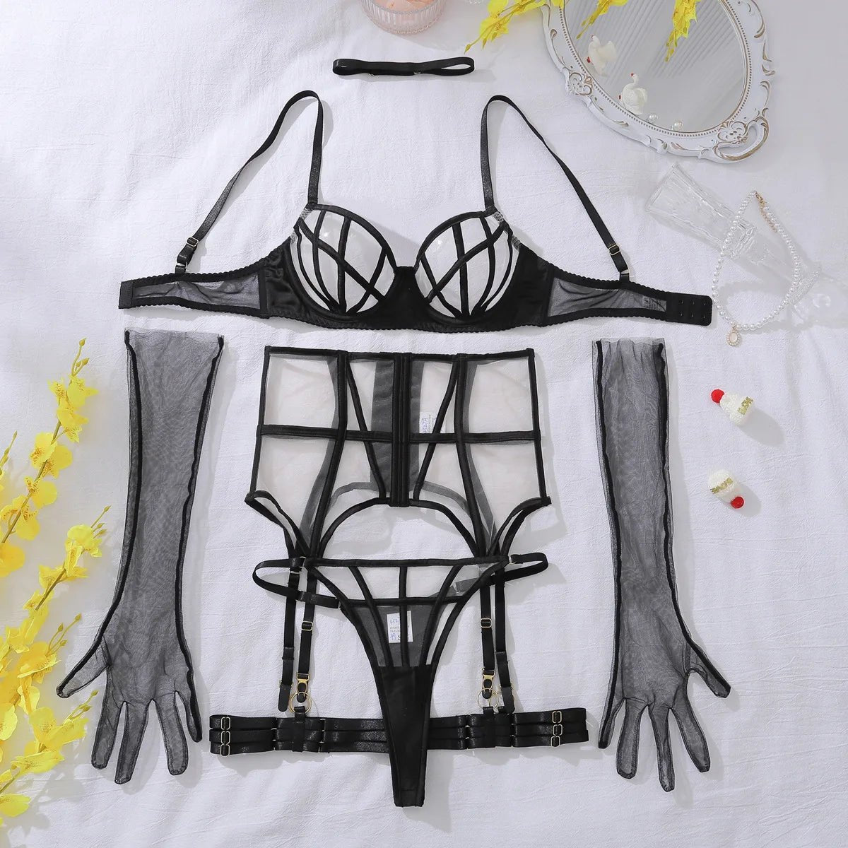High-Waist Garter Mesh Set - Garter Lingerie Set