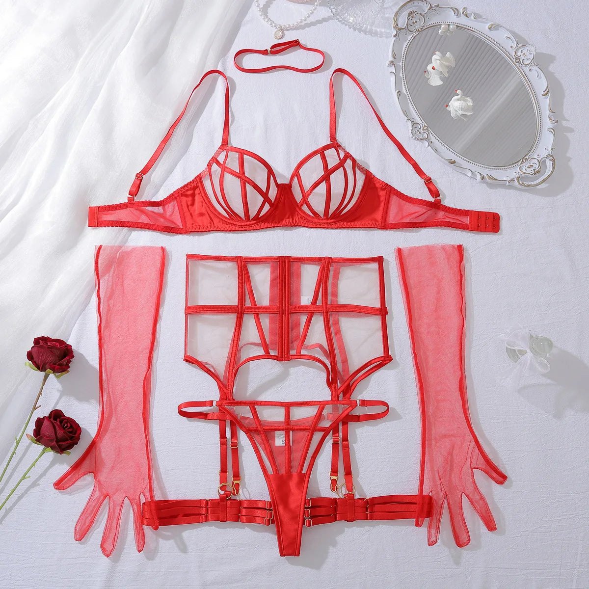 High-Waist Garter Mesh Set - Garter Lingerie Set