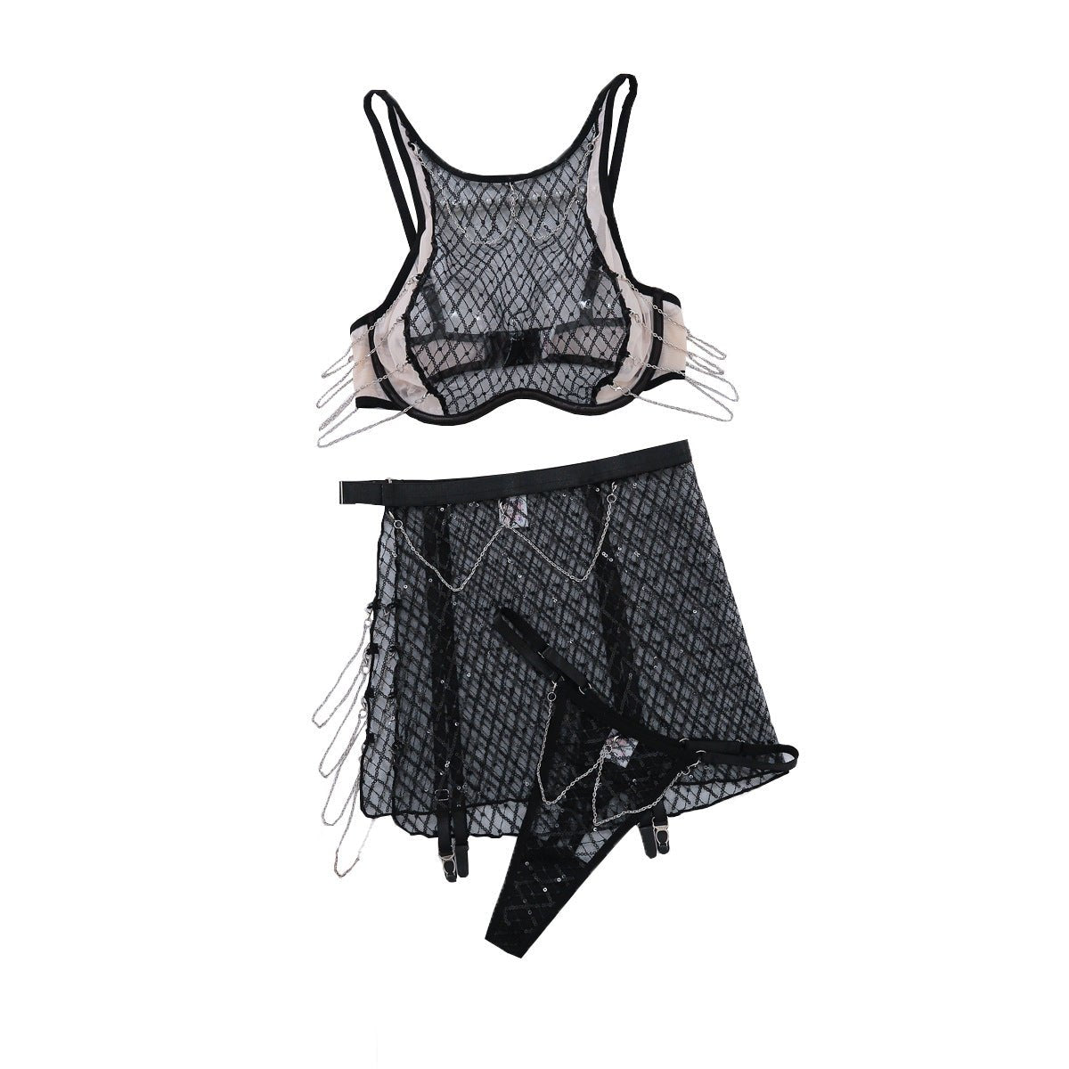 Hollow-Out Fishnet Three-Piece Set - Sexy Lingerie Accessory