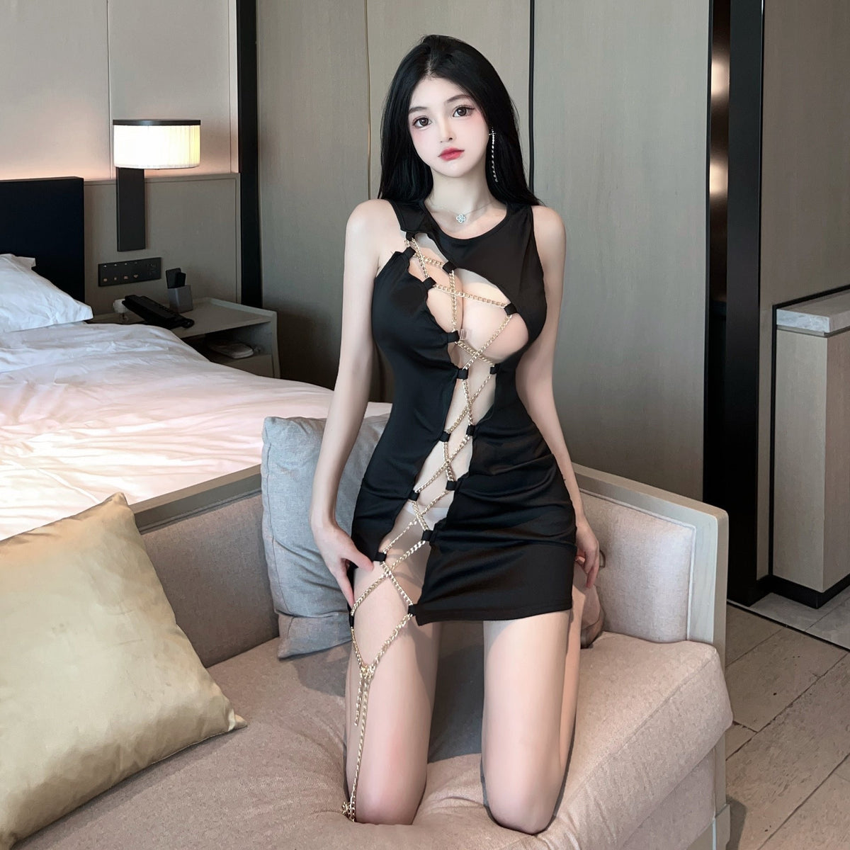Hollow Out Teddy Dress Chain - One Piece Lingerie