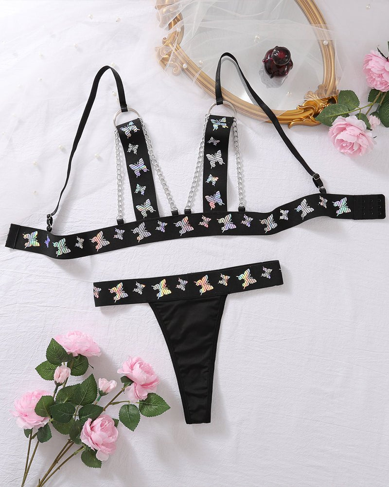 Holographic Butterfly Chain Bra Set - Lingerie Set for Women