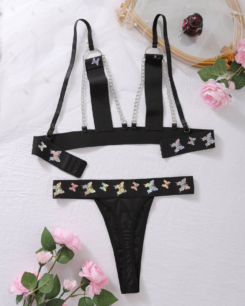 Holographic Butterfly Chain Bra Set - Lingerie Set for Women