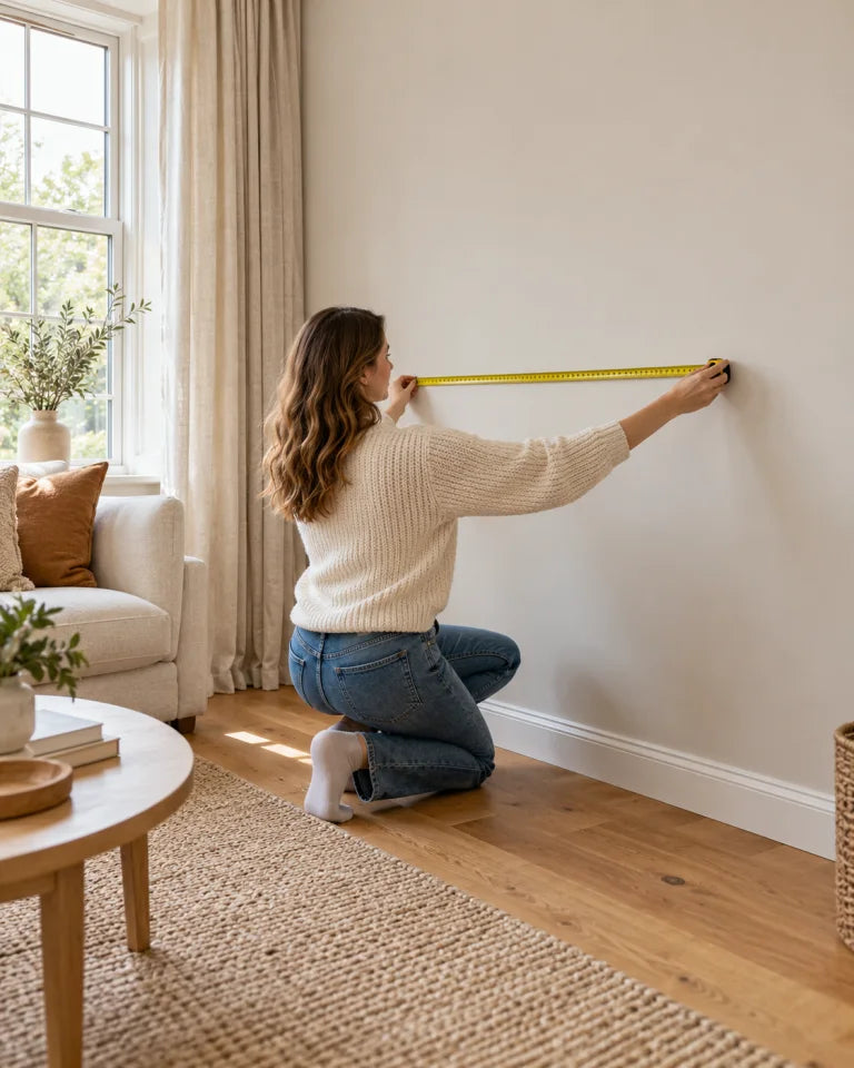 A woman measuring a bare living room wall with a tape measure before installing wall panels.