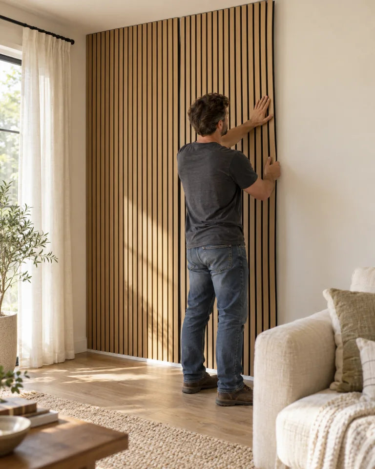 A man aligning and pressing light oak slat panels against a living room wall.