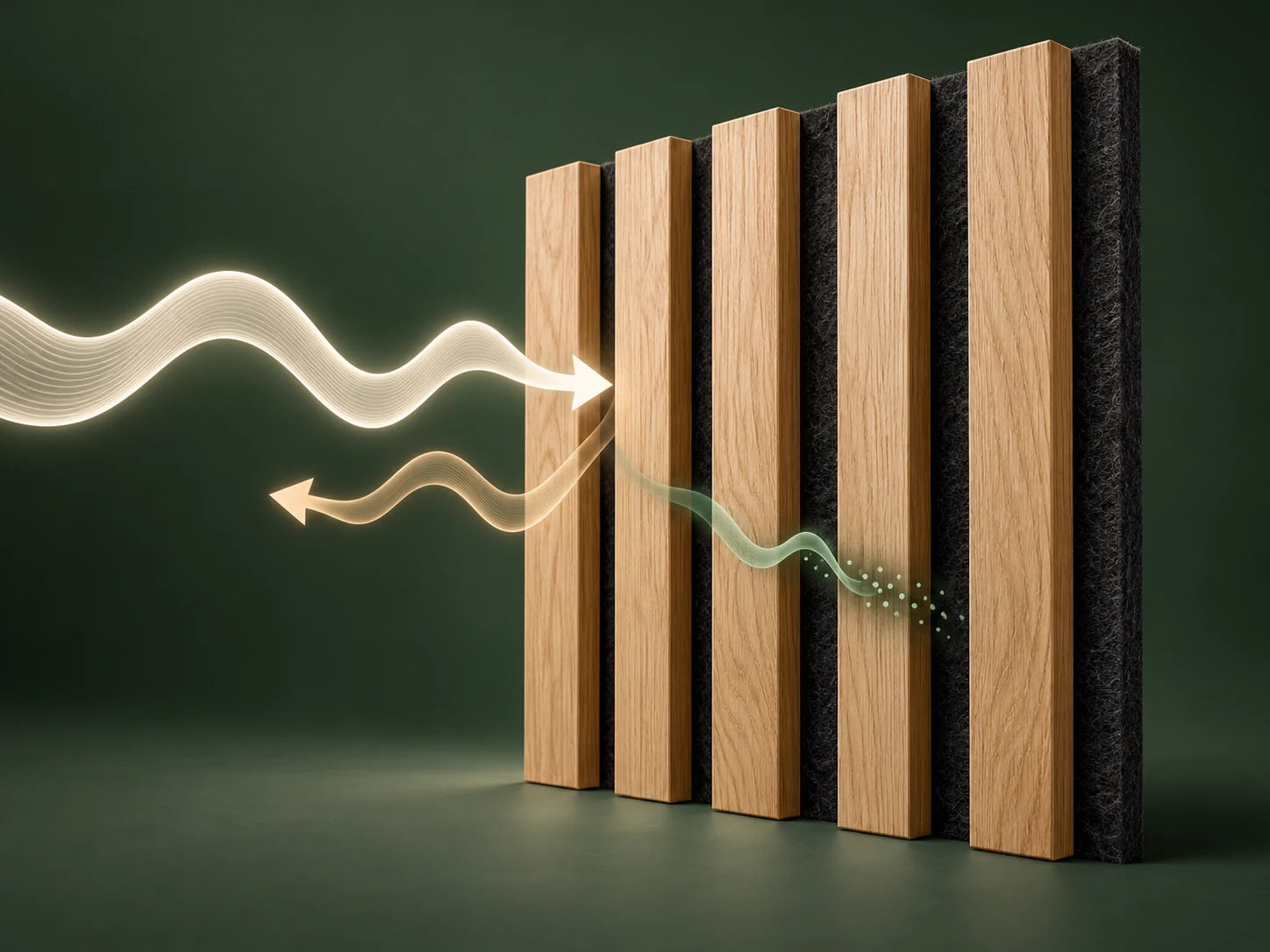 Conceptual diagram showing sound travelling toward a slatted surface, with some reflections and some sound absorbed by porous material.