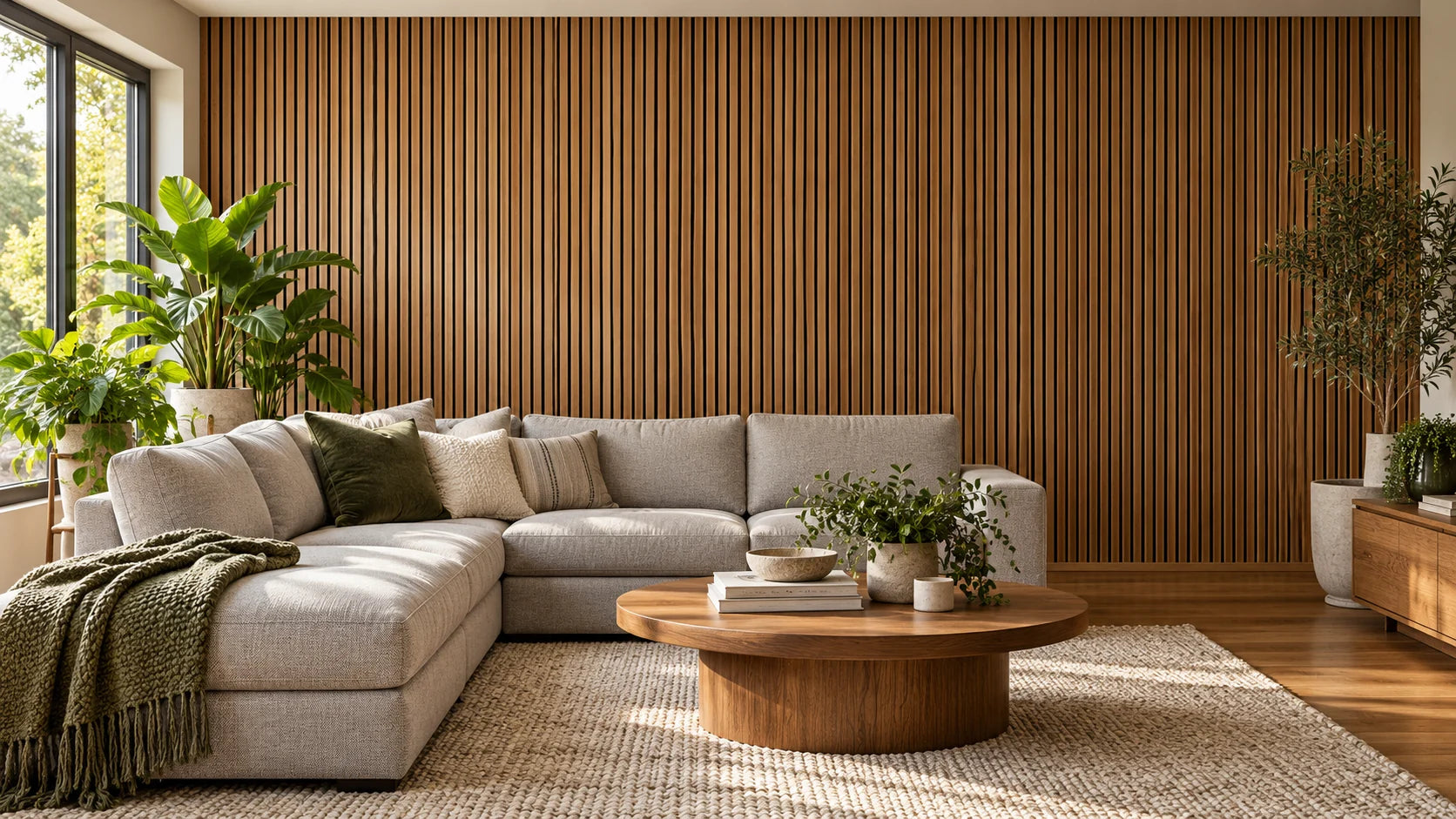 Room inspiration with a warm timber slat wall, pale gray sectional and green plants in natural daylight.