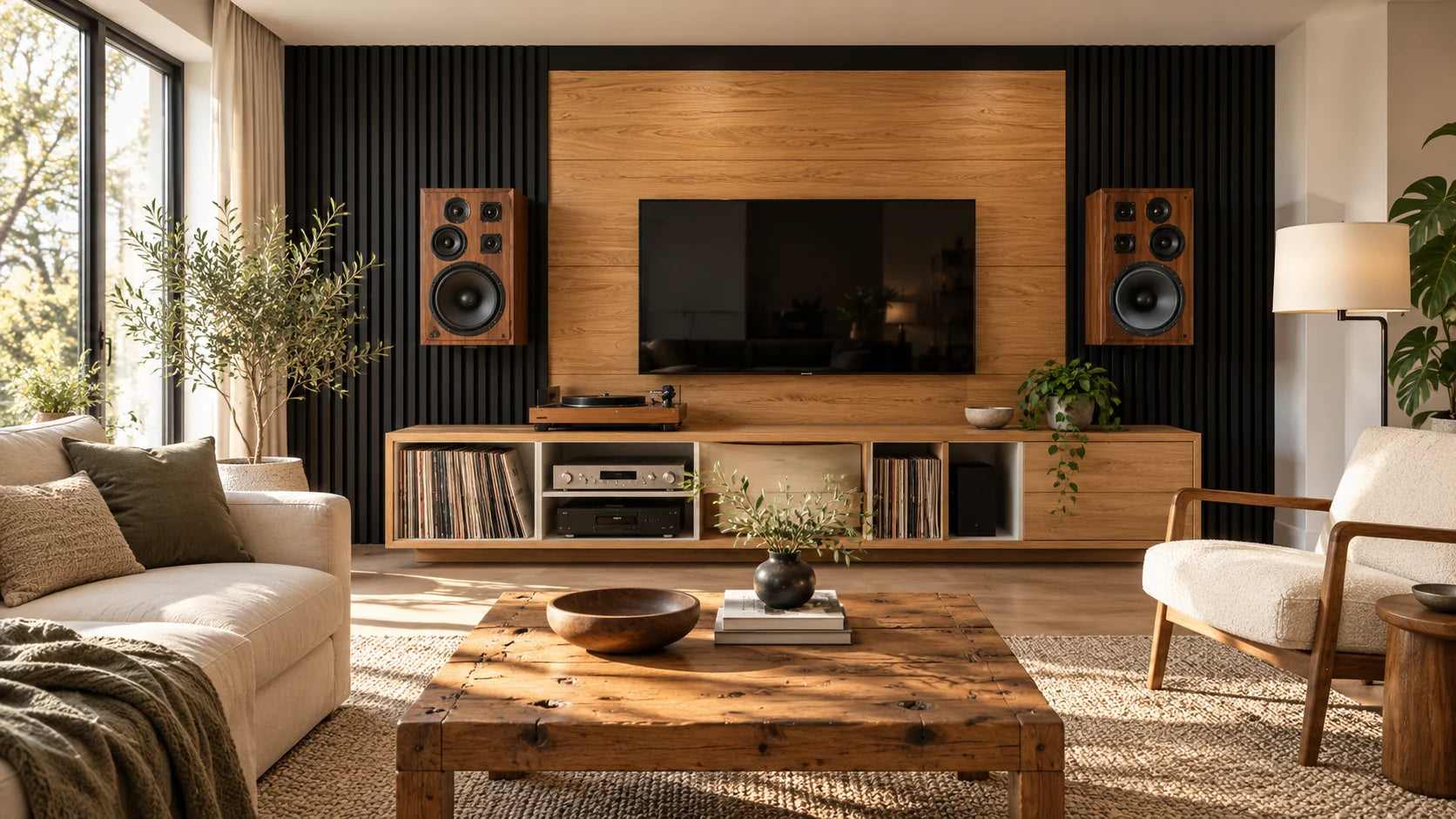 Room inspiration with a charcoal slat wall, timber media console, speakers and lounge seating.