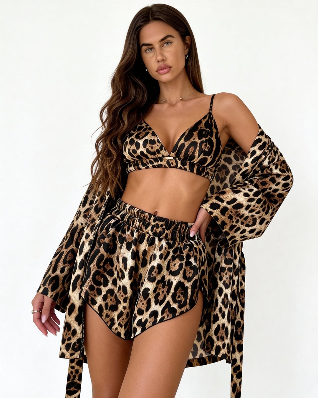 Kelly Leopard Pajama Set - Satin Pajama Set with Kimono