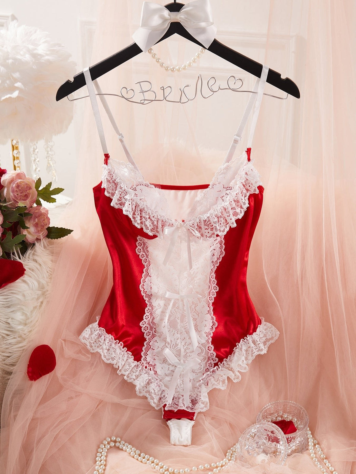 Lace Bow Sheer Satin Bodysuit - Lingerie Bodysuit for Women