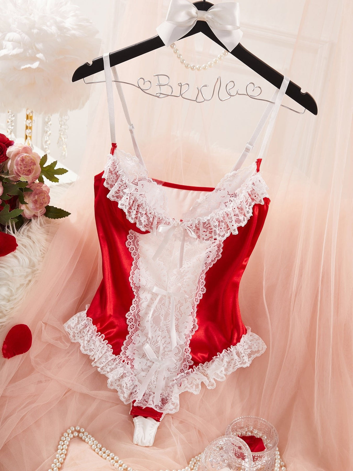 Lace Bow Sheer Satin Bodysuit - Lingerie Bodysuit for Women