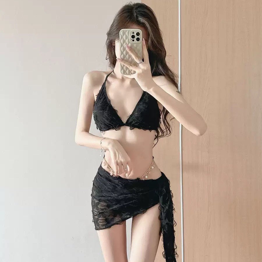 Lace Bralette Wrap Skirt Set - Bra and Panty Set