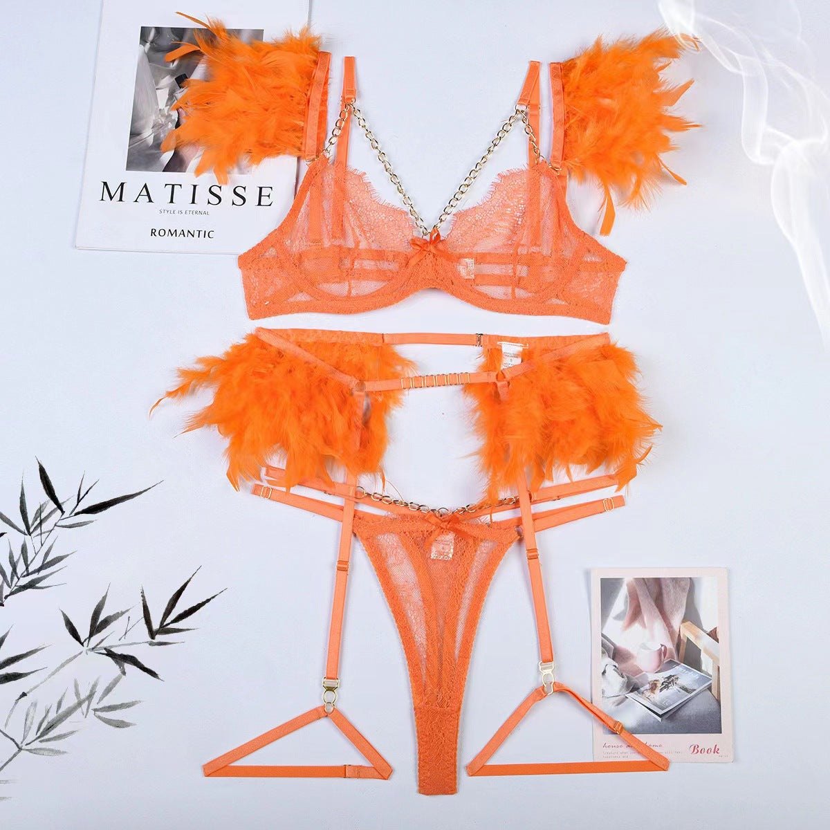 Lace Chain Feather Four-Piece Set - Bra and Panty Set