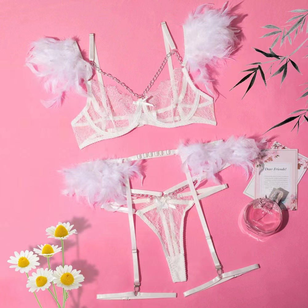 Lace Chain Feather Four-Piece Set - Bra and Panty Set