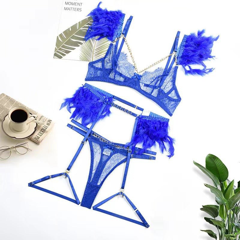 Lace Chain Feather Four-Piece Set - Bra and Panty Set