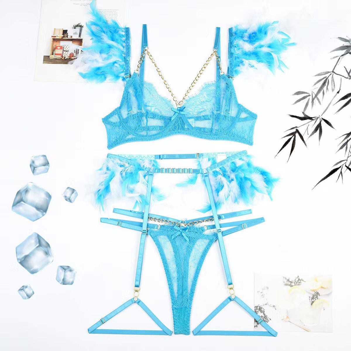 Lace Chain Feather Four-Piece Set - Bra and Panty Set