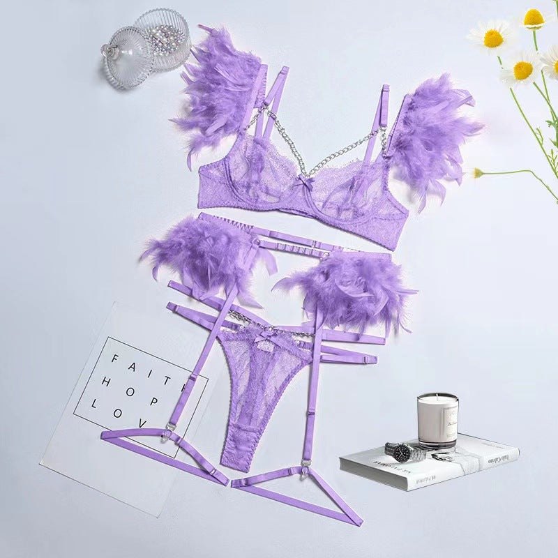Lace Chain Feather Four-Piece Set - Bra and Panty Set
