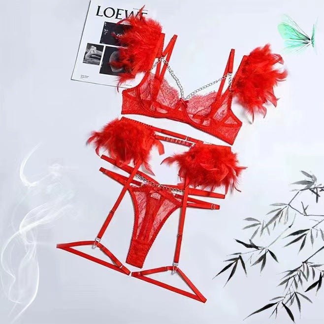 Lace Chain Feather Four-Piece Set - Bra and Panty Set