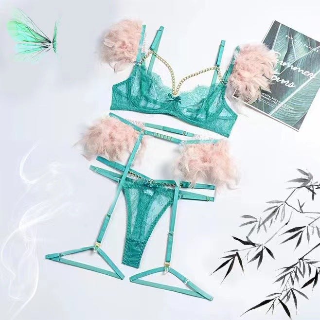 Lace Chain Feather Four-Piece Set - Bra and Panty Set