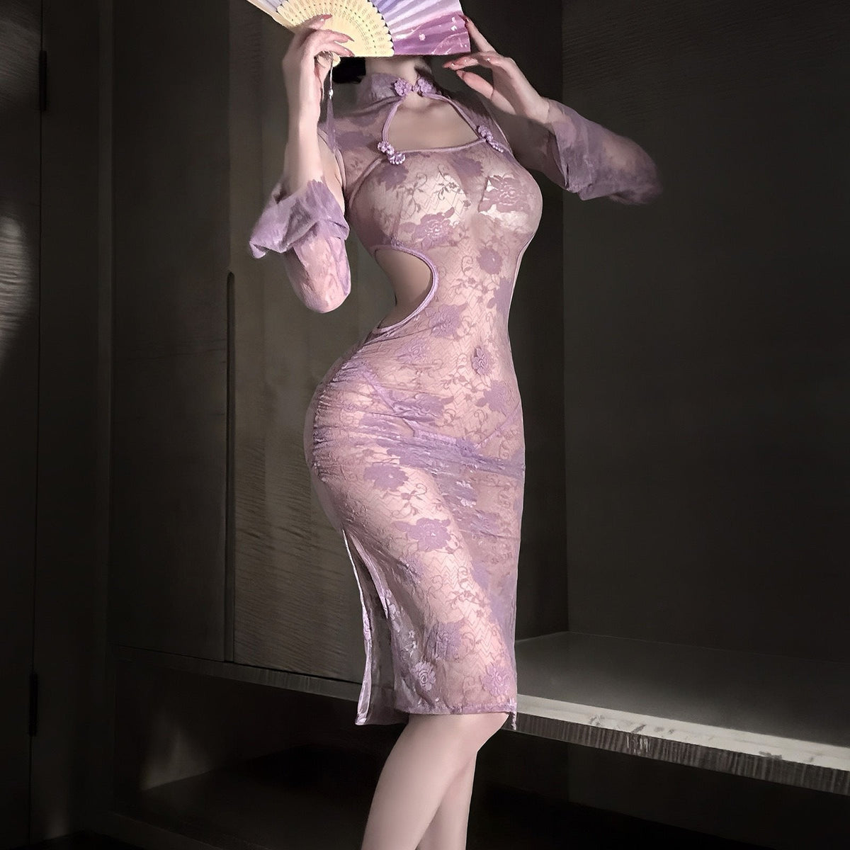 Lace Cheongsam With Sleeves - Chemise Lingerie