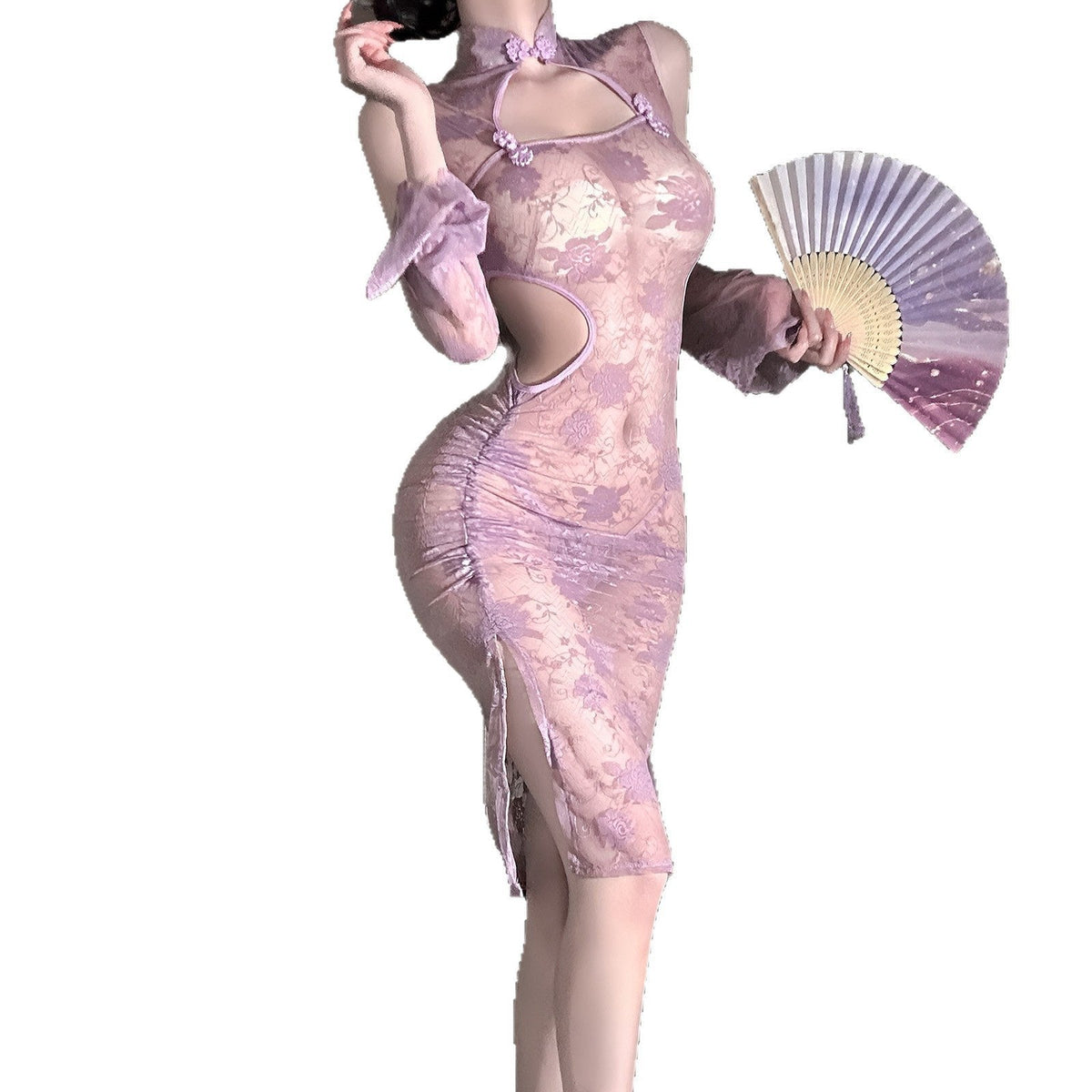Lace Cheongsam With Sleeves - Chemise Lingerie