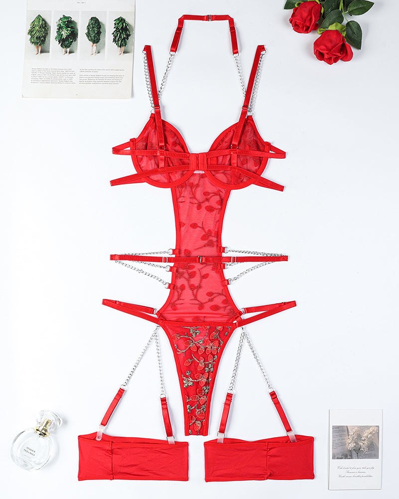 Lace Embroidered Chain Bodysuit - Lingerie Bodysuit for Women