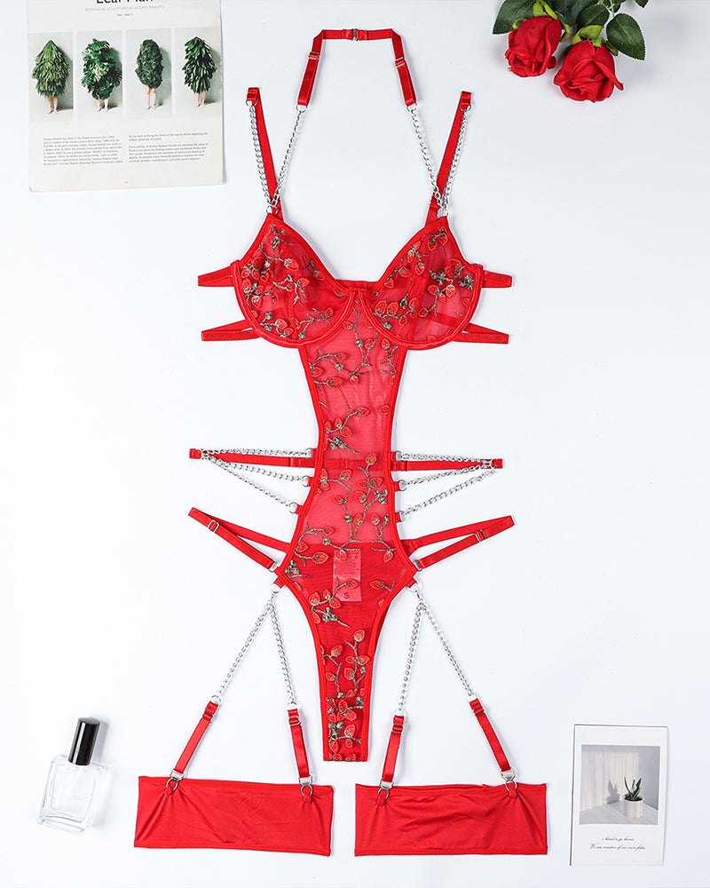 Lace Embroidered Chain Bodysuit - Lingerie Bodysuit for Women