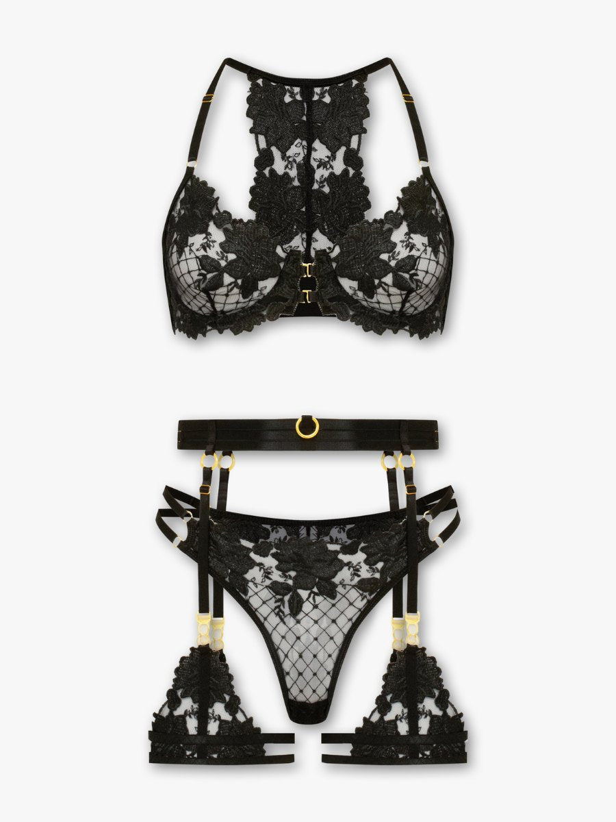 Lace Garter Belt Four-Piece Bra Set - Garter Lingerie Set