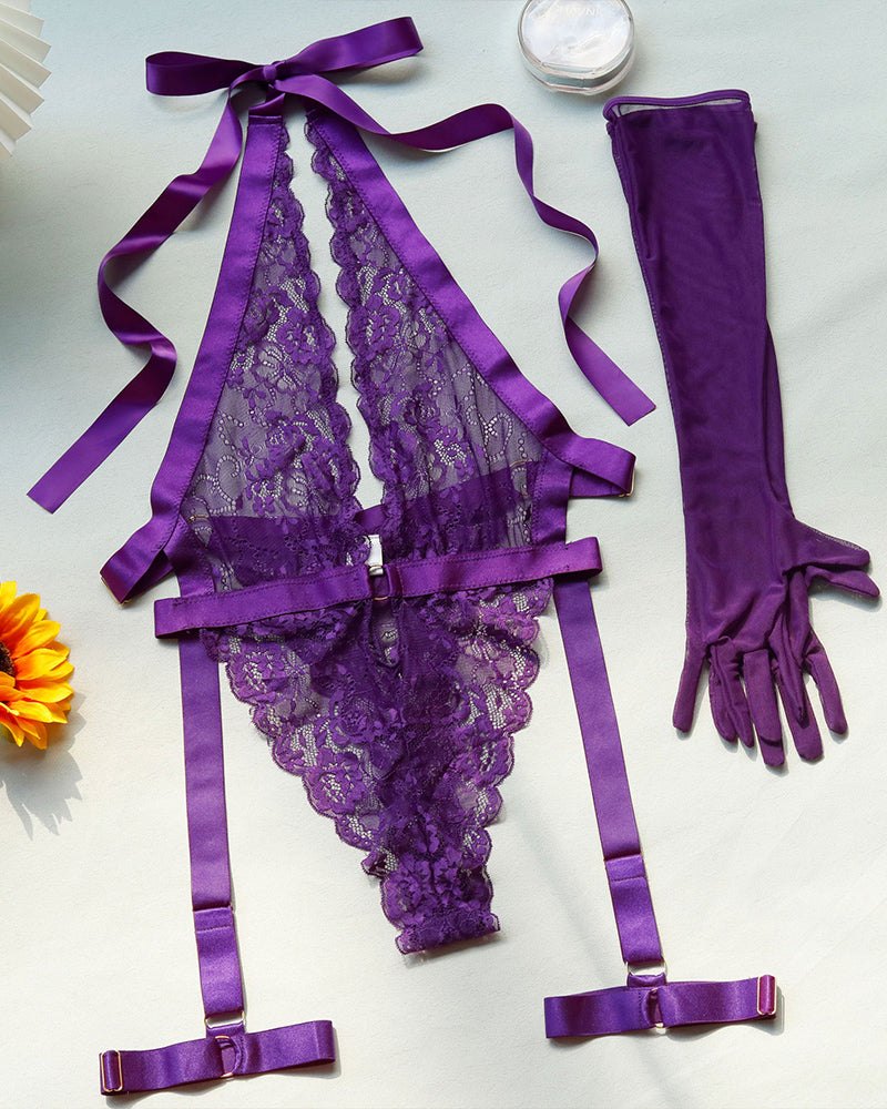 Lace Halter Bodysuit With Gloves - Lingerie Bodysuit for Women