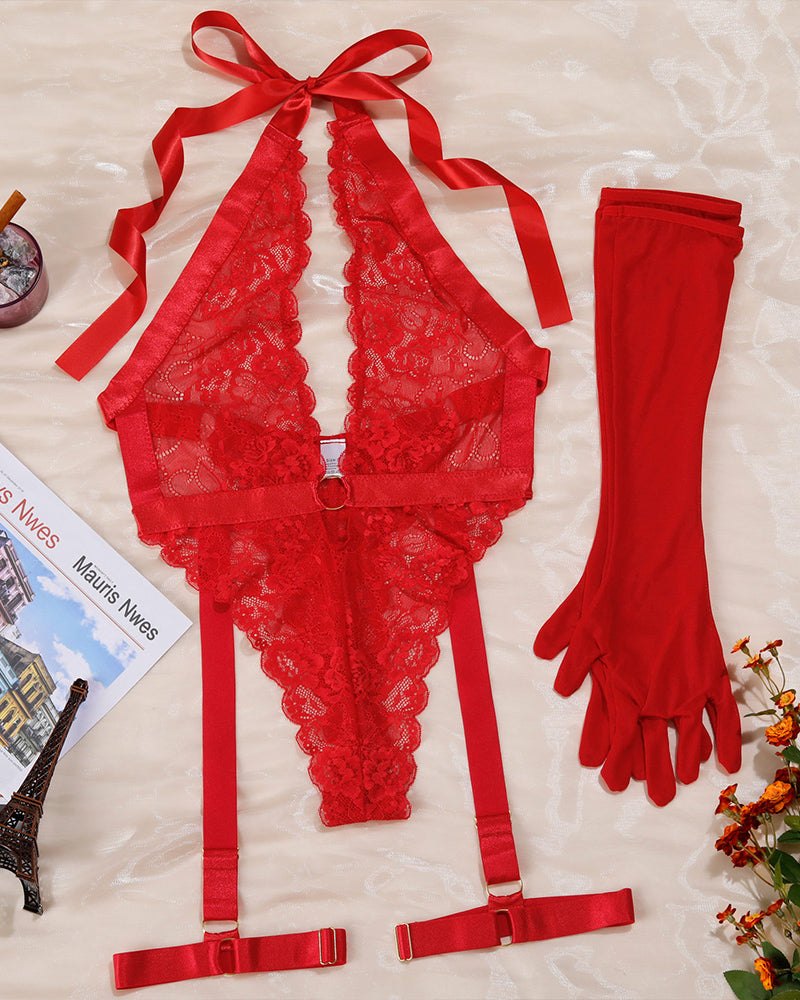 Lace Halter Bodysuit With Gloves - Lingerie Bodysuit for Women